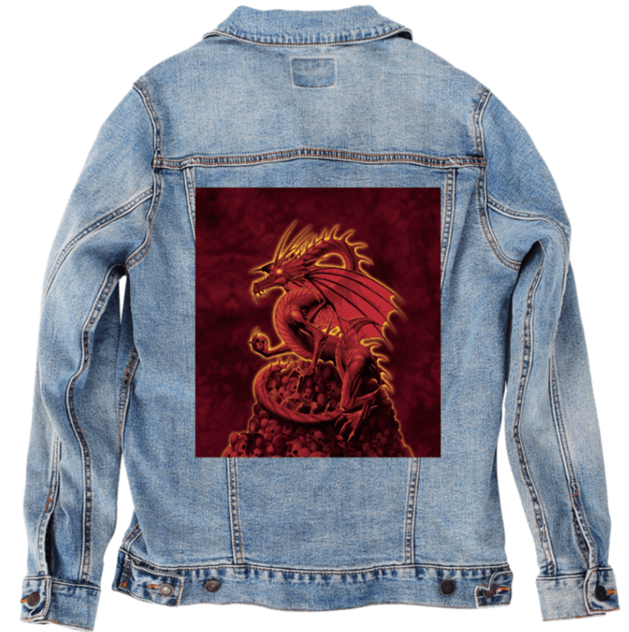 ABOLISHER RED by VINCENT HIE, printed on denim jackets and other denim products: tote bags, throw pillows, table place mats, aprons