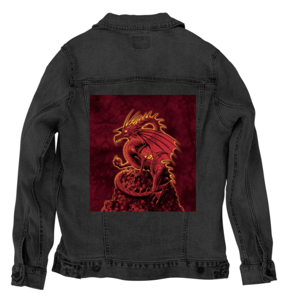 ABOLISHER RED by VINCENT HIE, printed on denim jackets and other denim products: tote bags, throw pillows, table place mats, aprons