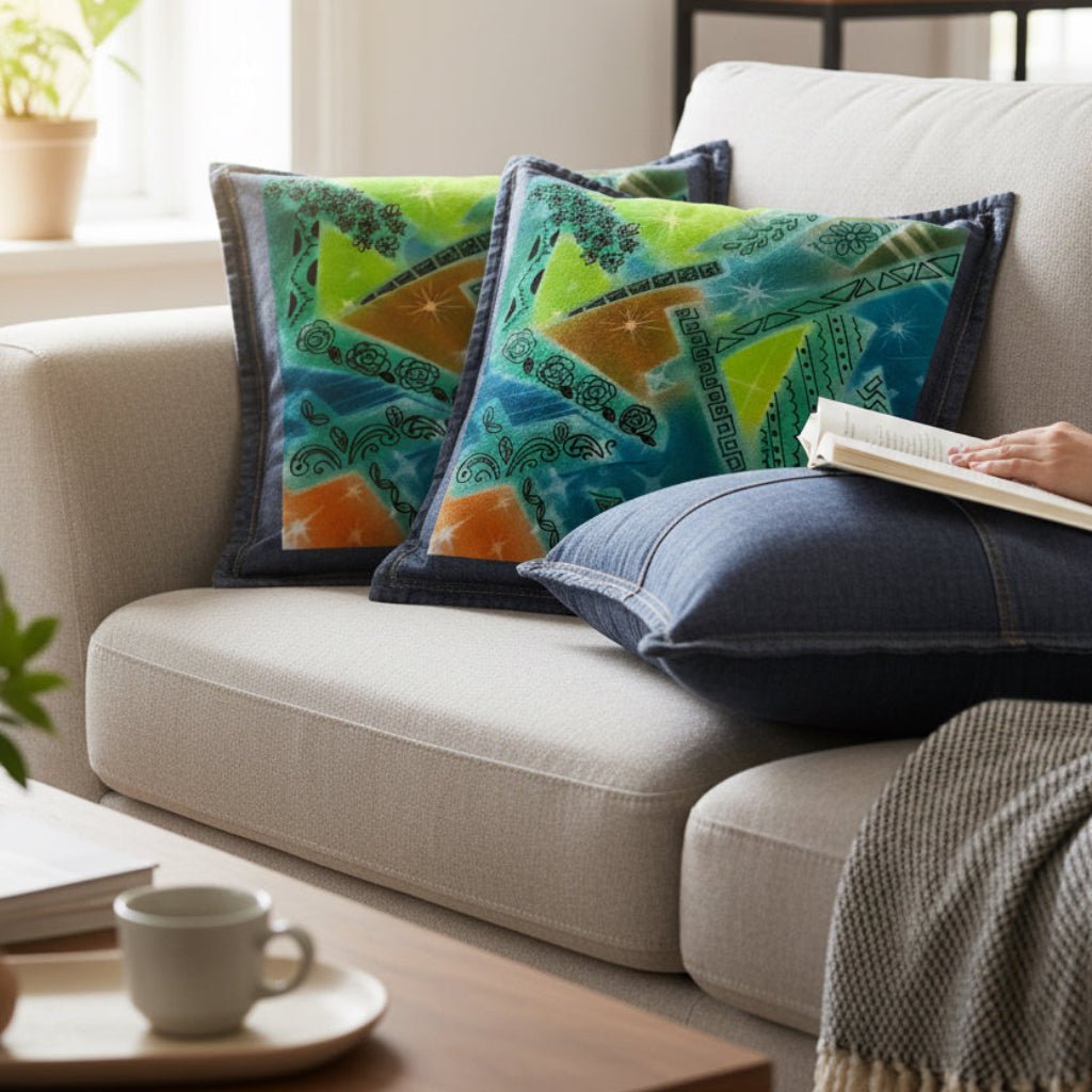 Living room with a beige sofa featuring colorful patterned denim pillows, a coffee cup on a side table, and a person reading a book. with abstract artwork featuring overlapping shapes in green, blue, orange, and yellow with spray-paint texture, scattered starbursts, and hand-drawn floral, leaf, and geometric line motifs arranged throughout the composition. this artwork is titled “Abstract Magic” and created by Canvas &amp; Quotations (Monika Chugh and Alka Chopra) printed by DenimINK