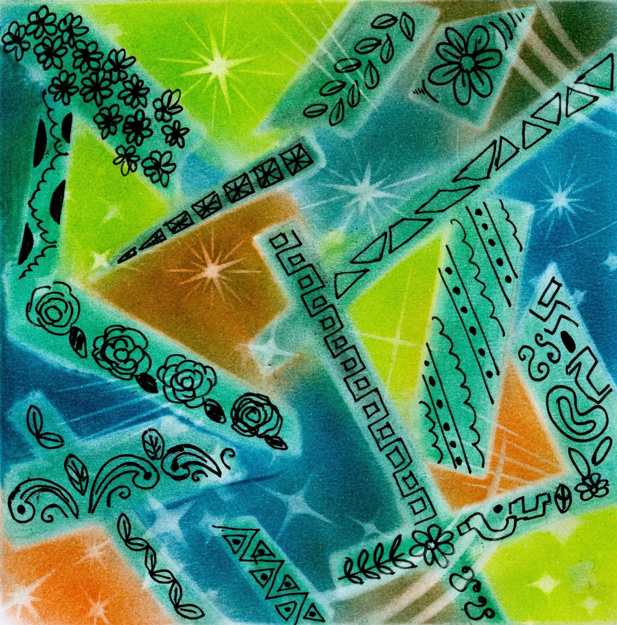 abstract artwork featuring overlapping shapes in green, blue, orange, and yellow with spray-paint texture, scattered starbursts, and hand-drawn floral, leaf, and geometric line motifs arranged throughout the composition. this artwork is titled “Abstract Magic” and created by Canvas & Quotations (Monika Chugh and Alka Chopra)