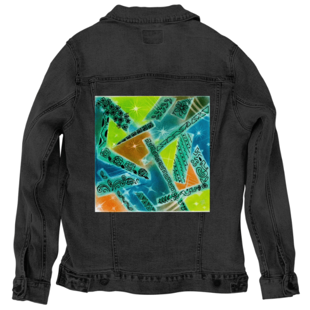 back view of a black denim jacket showcasing the artwork “Abstract Magic” by Canvas &amp; Quotations, featuring multicolor angular shapes, starbursts, and decorative hand-drawn motifs. the artwork is digitally printed on the jacket’s back panel by DenimINK