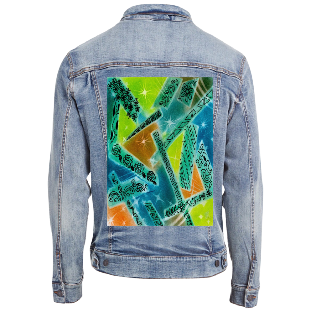ABSTRACT MAGIC by CANVAS and QUOTATIONS custom stonewashed denim jacket mockup with abstract artwork featuring overlapping shapes in green, blue, orange, and yellow with spray-paint texture, scattered starbursts, and hand-drawn floral, leaf, and geometric line motifs arranged throughout the composition. this artwork is titled “Abstract Magic” and created by Canvas &amp; Quotations (Monika Chugh and Alka Chopra) printed by DenimINK