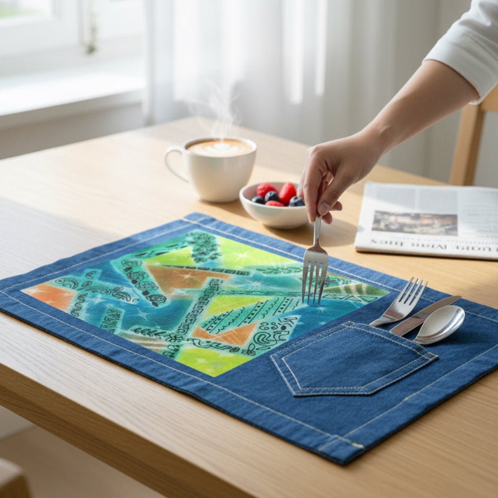 Colorful denim placemat on a wooden table with a cup of coffee and fruit bowl with abstract artwork featuring overlapping shapes in green, blue, orange, and yellow with spray-paint texture, scattered starbursts, and hand-drawn floral, leaf, and geometric line motifs arranged throughout the composition. this artwork is titled “Abstract Magic” and created by Canvas &amp; Quotations (Monika Chugh and Alka Chopra) printed by DenimINK