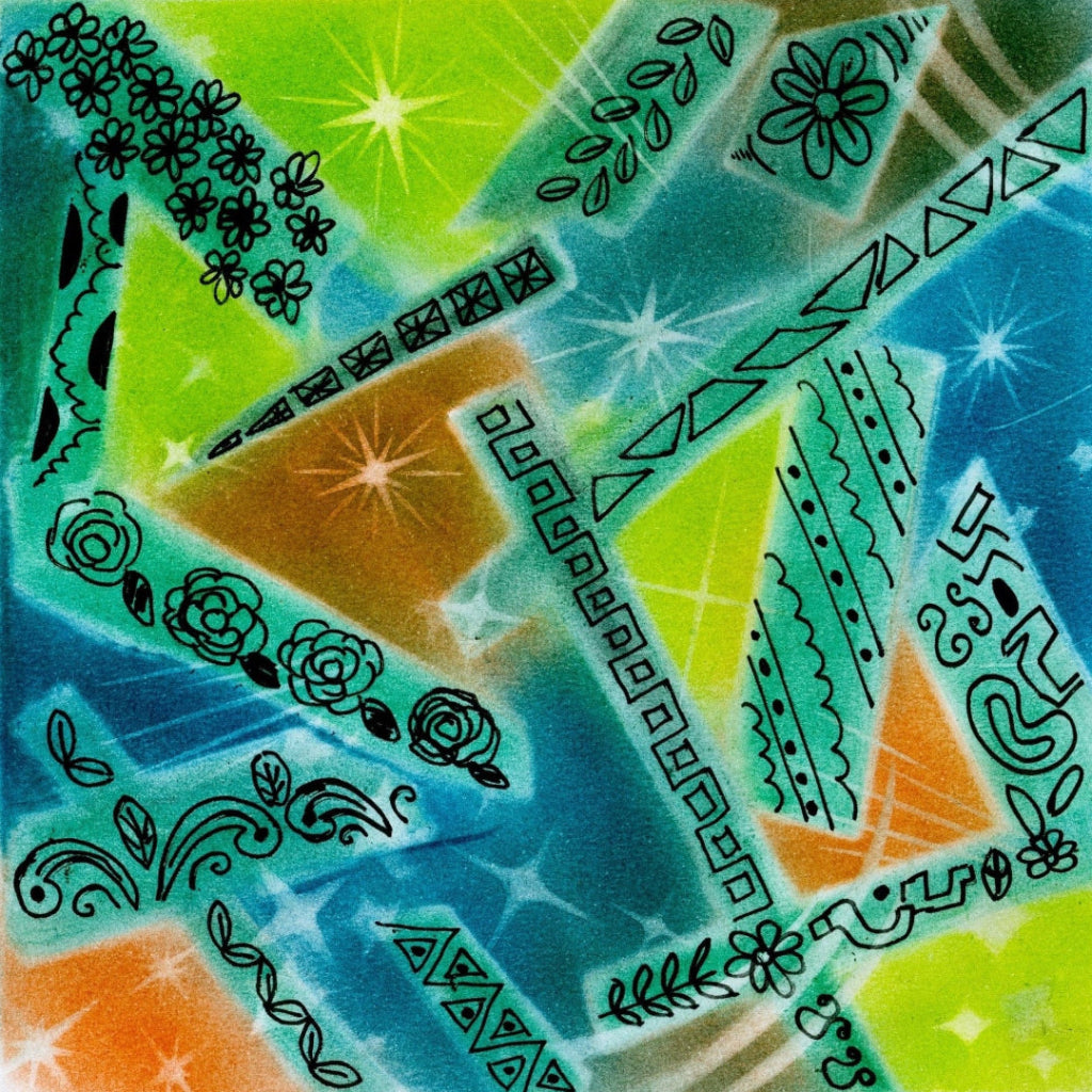 abstract artwork featuring overlapping shapes in green, blue, orange, and yellow with spray-paint texture, scattered starbursts, and hand-drawn floral, leaf, and geometric line motifs arranged throughout the composition. this artwork is titled “Abstract Magic” and created by Canvas &amp; Quotations (Monika Chugh and Alka Chopra)