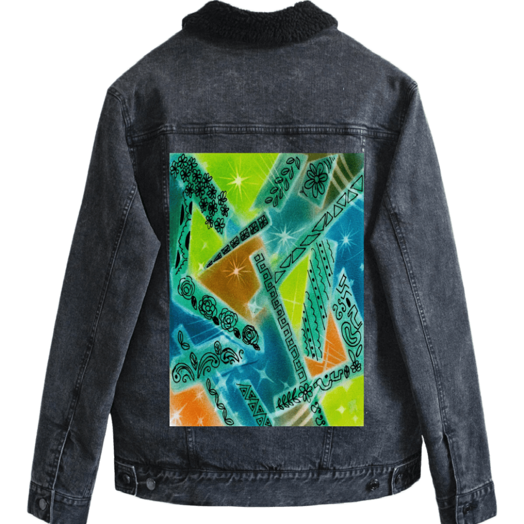 mockup of sherpa-lined black denim jacket with abstract artwork featuring overlapping shapes in green, blue, orange, and yellow with spray-paint texture, scattered starbursts, and hand-drawn floral, leaf, and geometric line motifs arranged throughout the composition. this artwork is titled “Abstract Magic” and created by Canvas &amp; Quotations (Monika Chugh and Alka Chopra) printed by DenimINK