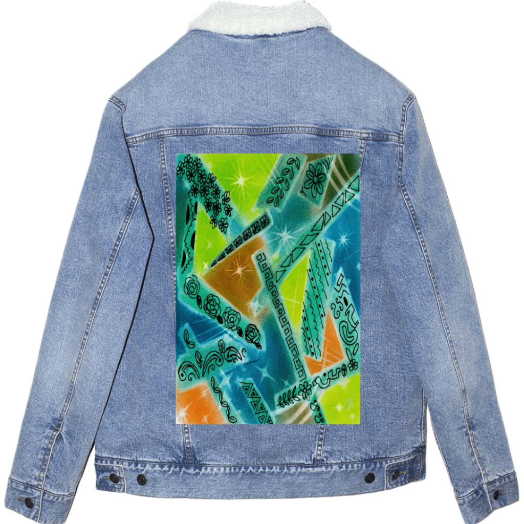 sherpa lined stonewashed denim jacket with abstract artwork featuring overlapping shapes in green, blue, orange, and yellow with spray-paint texture, scattered starbursts, and hand-drawn floral, leaf, and geometric line motifs arranged throughout the composition. this artwork is titled “Abstract Magic” and created by Canvas &amp; Quotations (Monika Chugh and Alka Chopra) printed by DenimINK