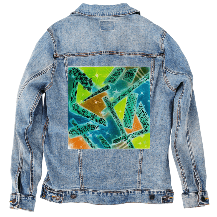 back view of a stonewash denim jacket featuring the artwork “Abstract Magic” by Canvas &amp; Quotations, composed of vivid spray-paint colors, star shapes, and black line-art floral and geometric elements. the artwork is digitally printed on the jacket’s back panel by DenimINK