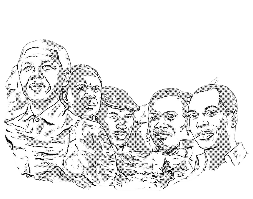 AFRICA MOUNT RUSHMORE, by THE NYGERIANS,printed by DenimINK on hand-crafted Denim Jackets and other denim products and other denim products: tote bags, throw pillows, table place mats, aprons