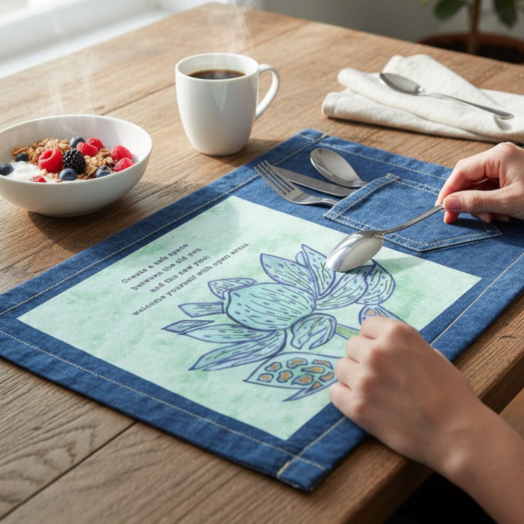 Person using a spoon on a  denim placemat featuring a blue lotus flower on a textured light-green background, paired with the quote “Create a safe space between the old you and the new you; welcome yourself with open arms.” the artwork is titled “Always Welcome Yourself” and created by Canvas &amp; Quotations (Monika Chugh and Alka Chopra) and printed by DenimINK