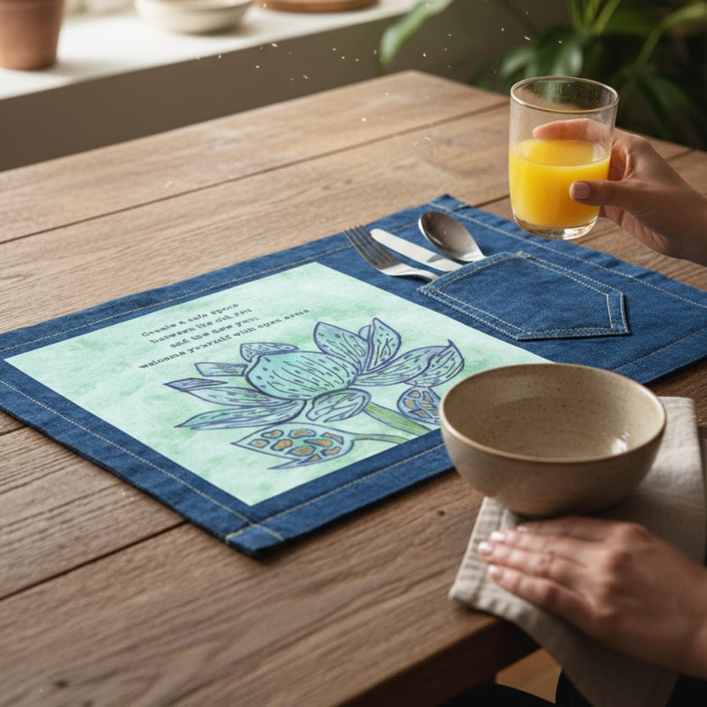Person holding a glass of orange juice on a wooden table with a denim placemat featuring a blue lotus flower on a textured light-green background, paired with the quote “Create a safe space between the old you and the new you; welcome yourself with open arms.” the artwork is titled “Always Welcome Yourself” and created by Canvas &amp; Quotations (Monika Chugh and Alka Chopra) and printed by DenimINK