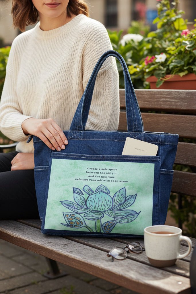 Person holding a blue denim tote bag on a bench outdoors featuring a blue lotus flower on a textured light-green background, paired with the quote “Create a safe space between the old you and the new you; welcome yourself with open arms.” the artwork is titled “Always Welcome Yourself” and created by Canvas &amp; Quotations (Monika Chugh and Alka Chopra) and printed by DenimINK