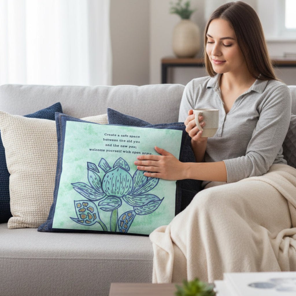 Woman sitting on a couch holding a mug, with a decorative denim pillow featuring featuring a blue lotus flower on a textured light-green background, paired with the quote “Create a safe space between the old you and the new you; welcome yourself with open arms.” the artwork is titled “Always Welcome Yourself” and created by Canvas &amp; Quotations (Monika Chugh and Alka Chopra) and printed by DenimINK