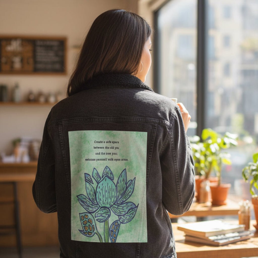 Person wearing a black denim in a cafe.  jacket featuring a blue lotus flower on a textured light-green background, paired with the quote “Create a safe space between the old you and the new you; welcome yourself with open arms.” the artwork is titled “Always Welcome Yourself” and created by Canvas &amp; Quotations (Monika Chugh and Alka Chopra) printed by DenimINK