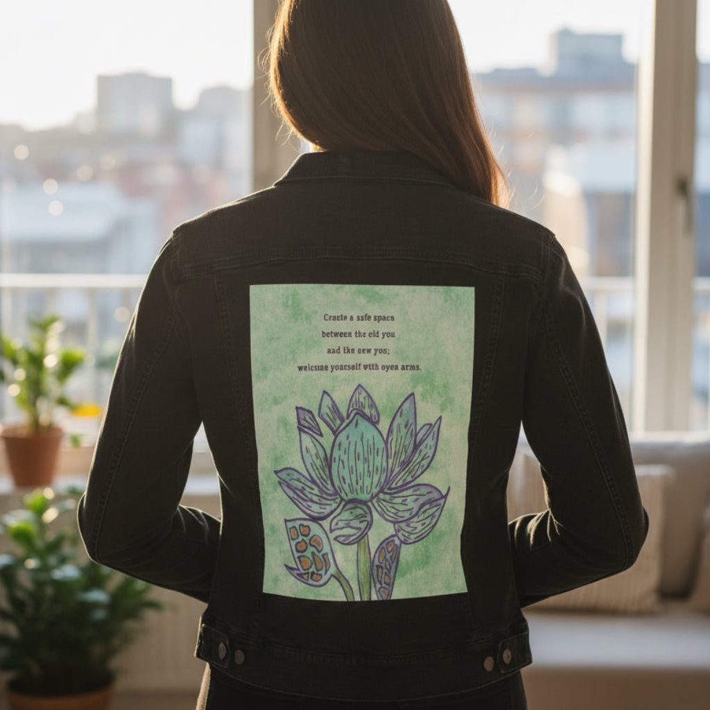 Person wearing a black denim jacket standing in a room with large windows. jacket featuring a blue lotus flower on a textured light-green background, paired with the quote “Create a safe space between the old you and the new you; welcome yourself with open arms.” the artwork is titled “Always Welcome Yourself” and created by Canvas &amp; Quotations (Monika Chugh and Alka Chopra) printed by DenimINK