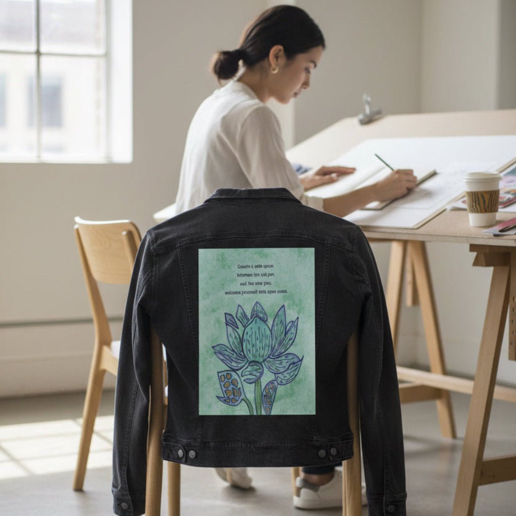 Person sitting at a design table with a black denim jacket featuring a blue lotus flower on a textured light-green background, paired with the quote “Create a safe space between the old you and the new you; welcome yourself with open arms.” the artwork is titled “Always Welcome Yourself” and created by Canvas &amp; Quotations (Monika Chugh and Alka Chopra) printed by DenimINK