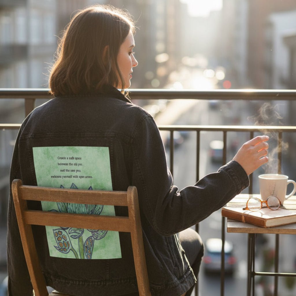 Person sitting on a balcony with a cityscape view, holding a cup, wearing a sherpa-lined black denim jacket featuring a blue lotus flower on a textured light-green background, paired with the quote “Create a safe space between the old you and the new you; welcome yourself with open arms.” the artwork is titled “Always Welcome Yourself” and created by Canvas &amp; Quotations (Monika Chugh and Alka Chopra) printed by DenimINK