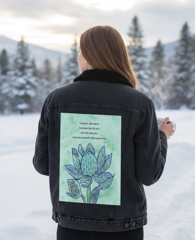 Person wearing a sherpa-lined black denim jacket with a standing in a snowy landscape. featuring a blue lotus flower on a textured light-green background, paired with the quote “Create a safe space between the old you and the new you; welcome yourself with open arms.” the artwork is titled “Always Welcome Yourself” and created by Canvas &amp; Quotations (Monika Chugh and Alka Chopra) printed by DenimINK