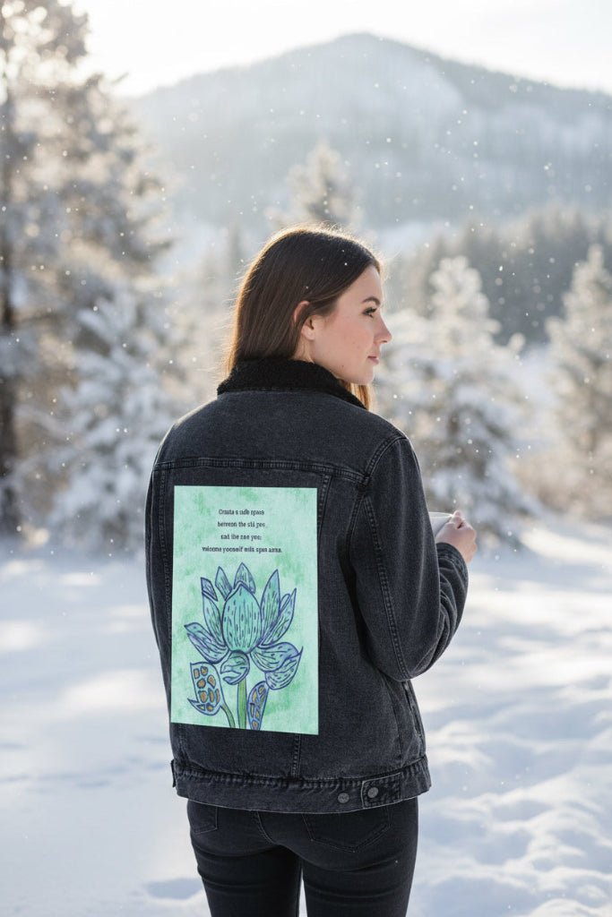 Person wearing a sherpa-lined black denim jacket, standing in a snowy landscape.  jacket featuring a blue lotus flower on a textured light-green background, paired with the quote “Create a safe space between the old you and the new you; welcome yourself with open arms.” the artwork is titled “Always Welcome Yourself” and created by Canvas &amp; Quotations (Monika Chugh and Alka Chopra) printed by DenimINK
