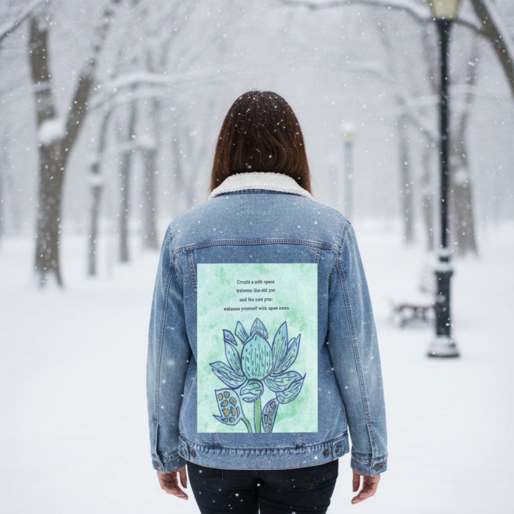 Person wearing a sherpa-lined stonewash denim jacket in a snowy park. featuring a blue lotus flower on a textured light-green background, paired with the quote “Create a safe space between the old you and the new you; welcome yourself with open arms.” the artwork is titled “Always Welcome Yourself” and created by Canvas &amp; Quotations (Monika Chugh and Alka Chopra) printed by DenimINK