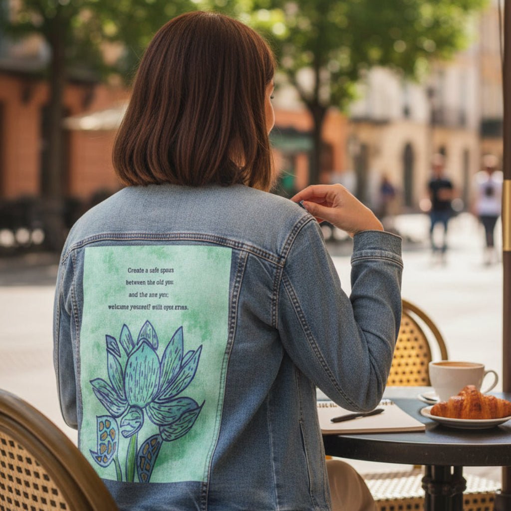 Person sitting at an outdoor cafe table with a stonewashed denim jacket featuring a blue lotus flower on a textured light-green background, paired with the quote “Create a safe space between the old you and the new you; welcome yourself with open arms.” the artwork is titled “Always Welcome Yourself” and created by Canvas &amp; Quotations (Monika Chugh and Alka Chopra) printed by DenimINK
