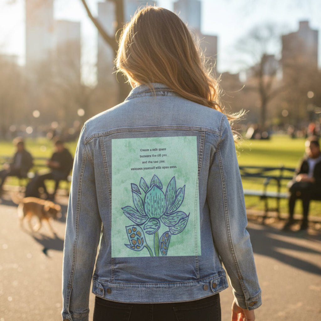 Person wearing a stonewashed denim jacket in a park setting featuring a blue lotus flower on a textured light-green background, paired with the quote “Create a safe space between the old you and the new you; welcome yourself with open arms.” the artwork is titled “Always Welcome Yourself” and created by Canvas &amp; Quotations (Monika Chugh and Alka Chopra) printed by DenimINK