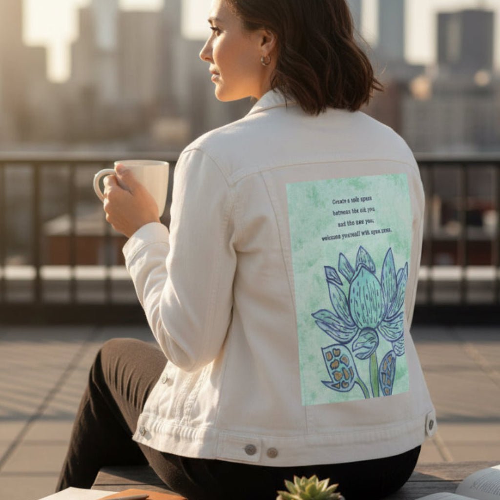 Woman sitting on a rooftop with a cityscape view, wearing a white denim jacket featuring a blue lotus flower on a textured light-green background, paired with the quote “Create a safe space between the old you and the new you; welcome yourself with open arms.” the artwork is titled “Always Welcome Yourself” and created by Canvas &amp; Quotations (Monika Chugh and Alka Chopra) printed by DenimINK