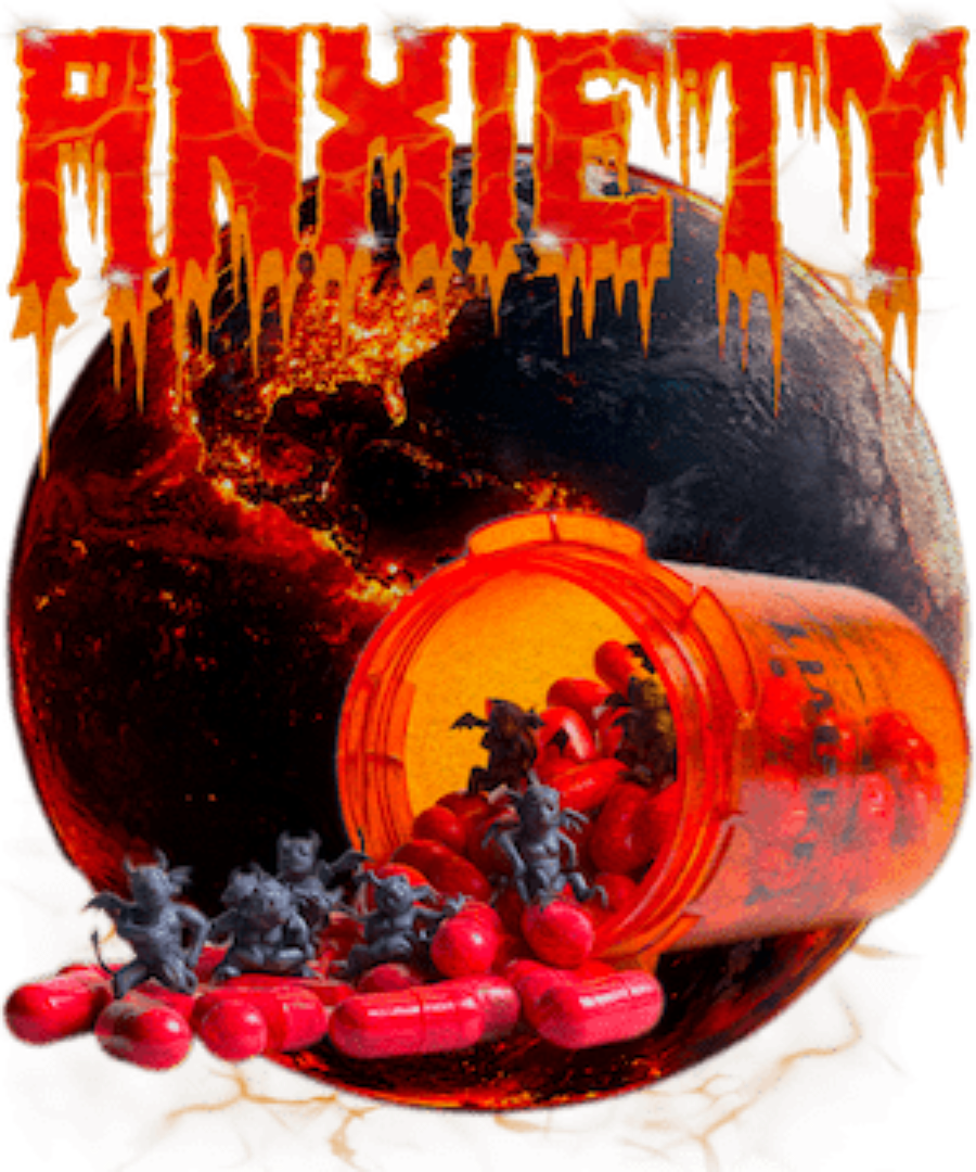 Digital illustration titled “Anxiety” by DeRouche Designs. The composition features a cracked, lava-glowing planet in the background and a translucent orange prescription pill bottle spilling out blood-red capsules. Tiny dark creatures with twisted, horned forms emerge from the capsules, crawling over the surface and each other. Above the scene, the word “ANXIETY” appears in bold, red, horror-drip style lettering with charred, molten textures. The visual tone is intense and chaotic, blending dark humor, sur