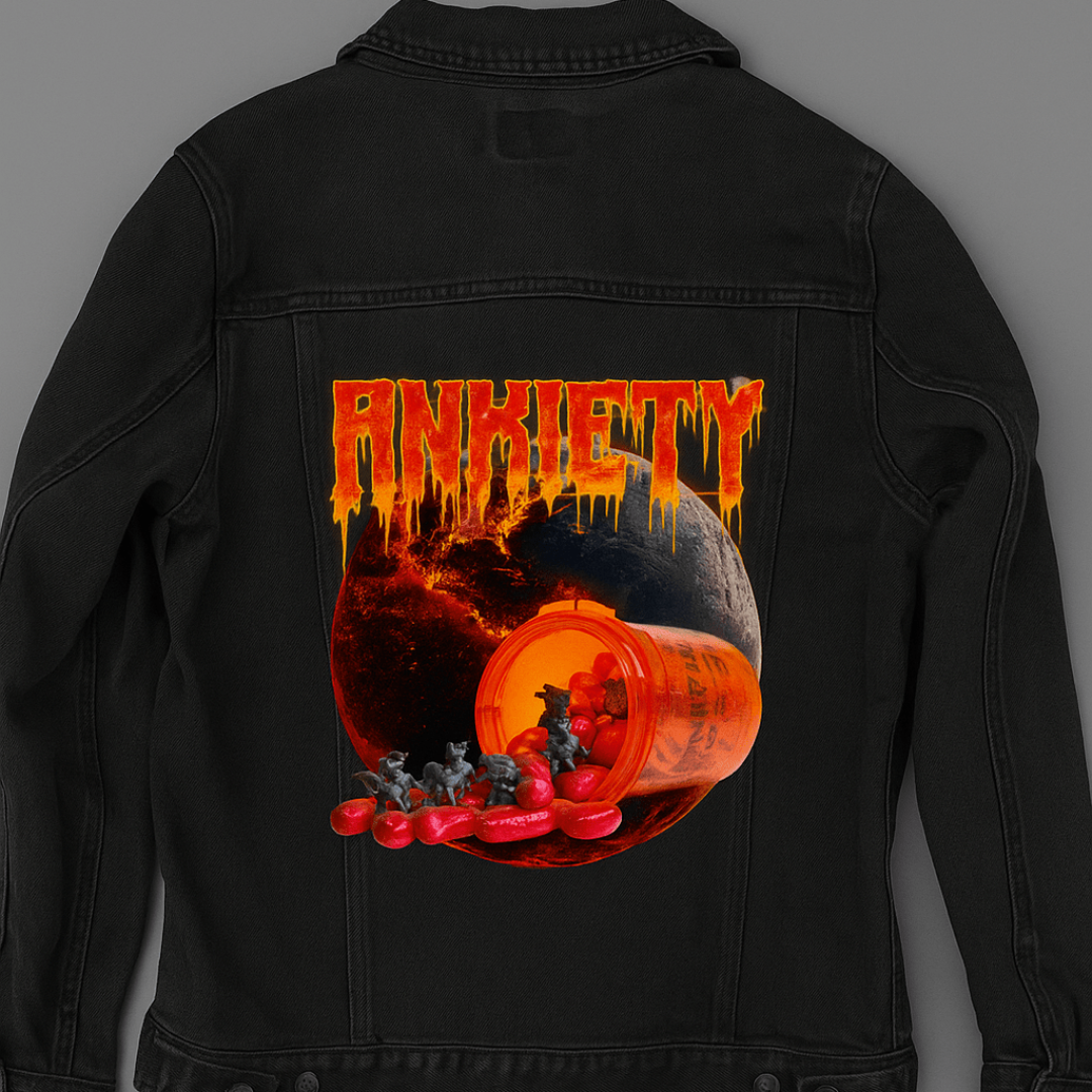 back view of a black denim jacket featuring a bold, fiery composition with the word “Anxiety” melting in jagged red letters above a scorched planetary sphere. an orange prescription bottle spills glowing red capsules and tiny black devil figures into the foreground. the artwork “Anxiety” by DeRouche Designs is digitally printed on the jacket’s back panel by DenimINK.