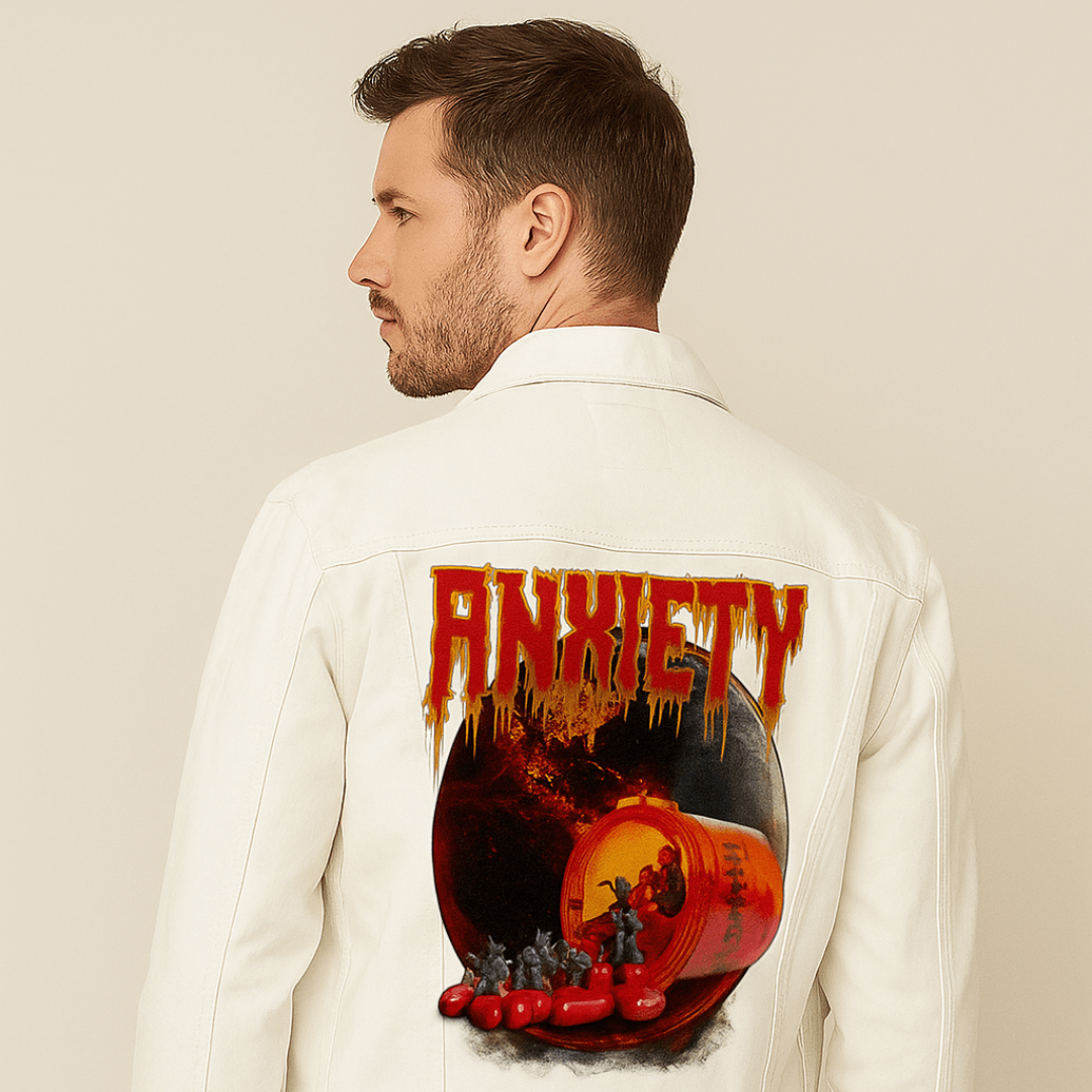 side view of a model in a clean, neutral studio space wearing a white denim jacket featuring the artwork “Anxiety” by DeRouche Designs. the design shows a tipped orange pill bottle pouring out red capsules and miniature demonic figures in front of a burning planet, with the word “Anxiety” melting above in red. the artwork “Anxiety” by DeRouche Designs is digitally printed on the jacket’s back panel by DenimINK.