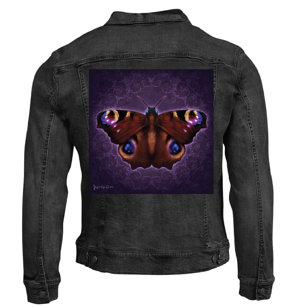 back view of a black denim jacket featuring the artwork “Damask Butterfly” by Brigid Ashwood, printed large and centered on the back panel. the artwork shows a richly detailed butterfly with outstretched wings in deep rust, burgundy, and plum tones, set against a dark violet damask-patterned background, with luminous blue and gold eye spots and subtle magenta highlights, surrounded by a soft violet glow. the jewel-toned artwork contrasts dramatically against the black denim. digitally printed by DenimINK.
