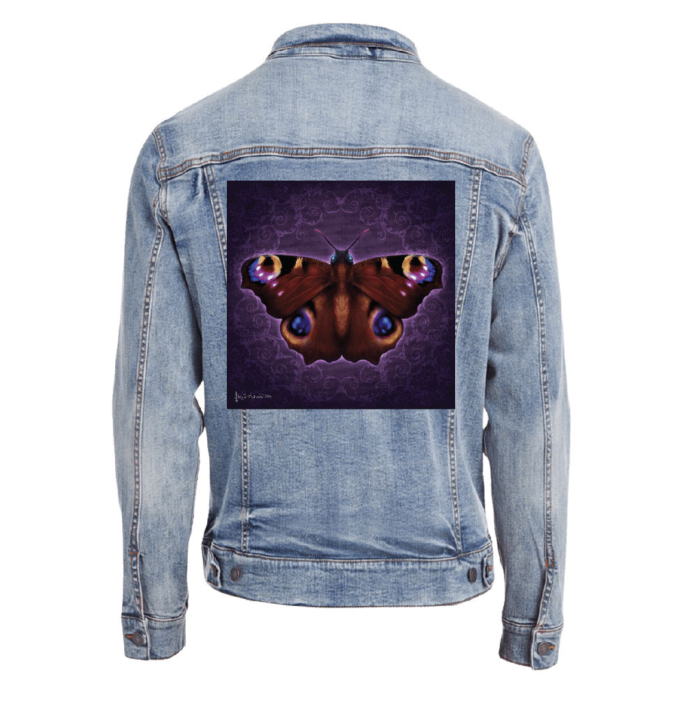 back view of a stonewash blue denim jacket featuring the artwork “Damask Butterfly” by Brigid Ashwood, printed large and centered on the back panel. the artwork shows a richly detailed butterfly with outstretched wings in deep rust, burgundy, and plum tones, set against a dark violet damask-patterned background, with luminous blue and gold eye spots and subtle magenta highlights, surrounded by a soft violet glow. digitally printed by DenimINK
