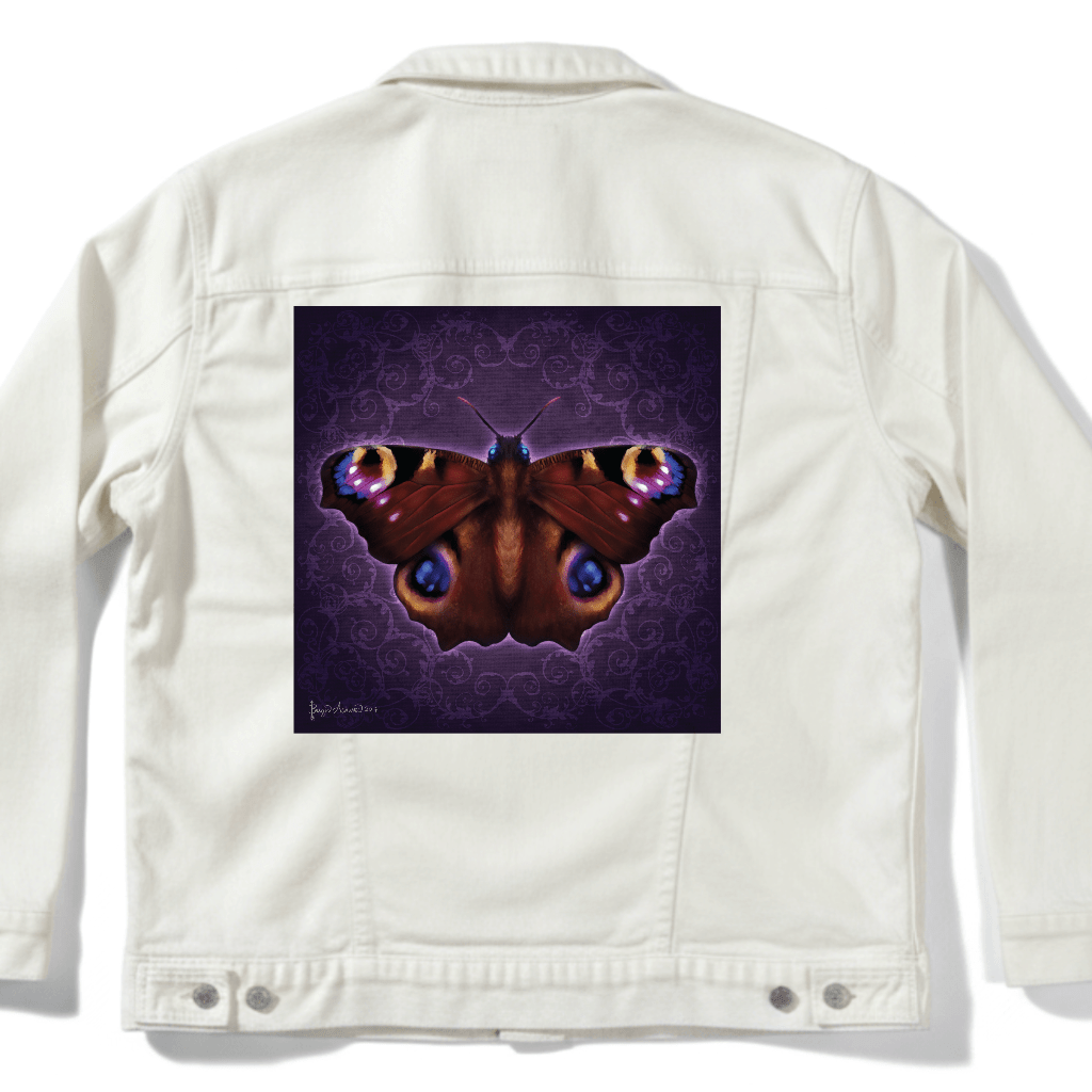 back view of white denim jacket featuring the artwork “Damask Butterfly” by Brigid Ashwood, printed large and centered on the back panel. the artwork shows a richly detailed butterfly with outstretched wings in deep rust, burgundy, and plum tones, set against a dark violet damask-patterned background, with luminous blue and gold eye spots and subtle magenta highlights, surrounded by a soft violet glow. the jewel-toned artwork contrasts strikingly against the clean white denim. digitally printed by DenimINK
