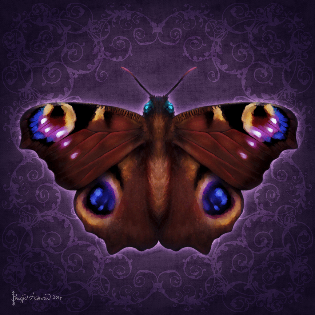 illustration of a large symmetrical butterfly centered on a deep purple damask-patterned background. the butterfly has broad wings in rich brown, rust, and plum tones with iridescent blue and violet eye spots near the lower wings and smaller reflective highlights near the upper edges. the body is dark and softly textured, with thin antennae extending upward. a faint violet glow surrounds the wings, separating the butterfly from the patterned backdrop. this artwork is titled “Ashwood Damask Butterfly backgro