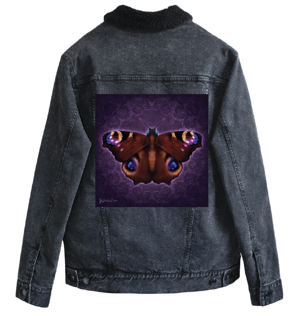 back view of a black denim jacket with a black sherpa-style liner featuring the artwork “Damask Butterfly” by Brigid Ashwood, printed large and centered on the back panel. the artwork shows a richly detailed butterfly with outstretched wings in deep rust, burgundy, and plum tones, set against a dark violet damask-patterned background, with luminous blue and gold eye spots and subtle magenta highlights, surrounded by a soft violet glow. the jewel-toned artwork contrasts dramatically. Printed by DenimINK.