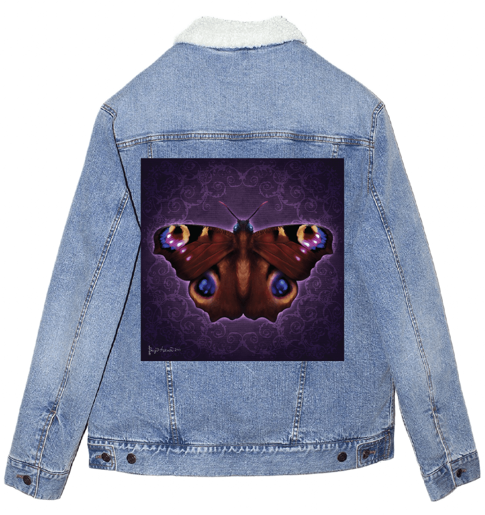 back view of a stonewash denim jacket with an off-white sherpa-style liner featuring the artwork “Damask Butterfly” by Brigid Ashwood, printed large and centered on the back panel. the artwork shows a richly detailed butterfly with outstretched wings in deep rust, burgundy, and plum tones, set against a dark violet damask-patterned background, with luminous blue and gold eye spots and subtle magenta highlights, surrounded by a soft violet glow. the artwork contrasts vividly against the faded denim. dig