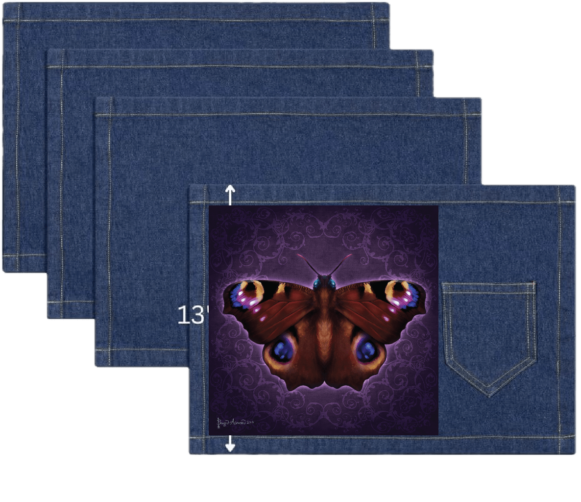 top view of four classic blue denim table placemats featuring the artwork “Damask Butterfly” by Brigid Ashwood, printed centered on the surface. the artwork shows a richly detailed butterfly with outstretched wings in deep rust, burgundy, and plum tones, set against a dark violet damask-patterned background, with vivid blue and gold eye spots and subtle magenta highlights, surrounded by a soft violet glow. visible white measurement text and arrow indicate a height of 13 inches on the placemat. placemat incl