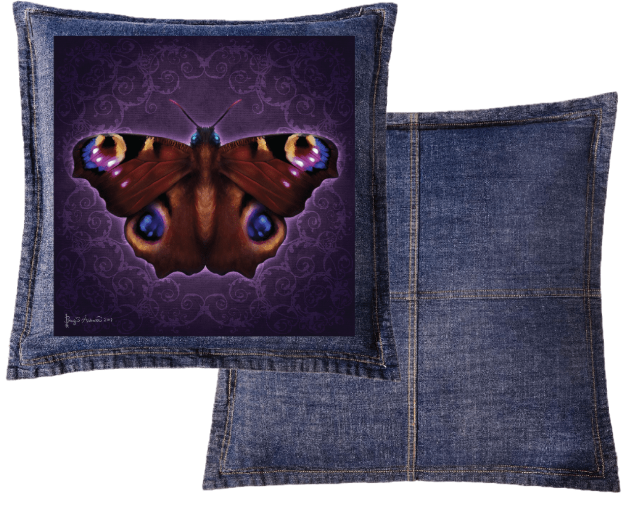 front and back view of a blue denim throw pillow featuring the artwork “Damask Butterfly” by Brigid Ashwood, printed large and centered on the front panel. the artwork shows a richly detailed butterfly with outstretched wings in deep rust, burgundy, and plum tones, set against a dark violet damask-patterned background, with luminous blue and gold eye spots and subtle magenta highlights, surrounded by a soft violet glow. visible contrast stitching and denim seams frame the artwork, while the back panel shows