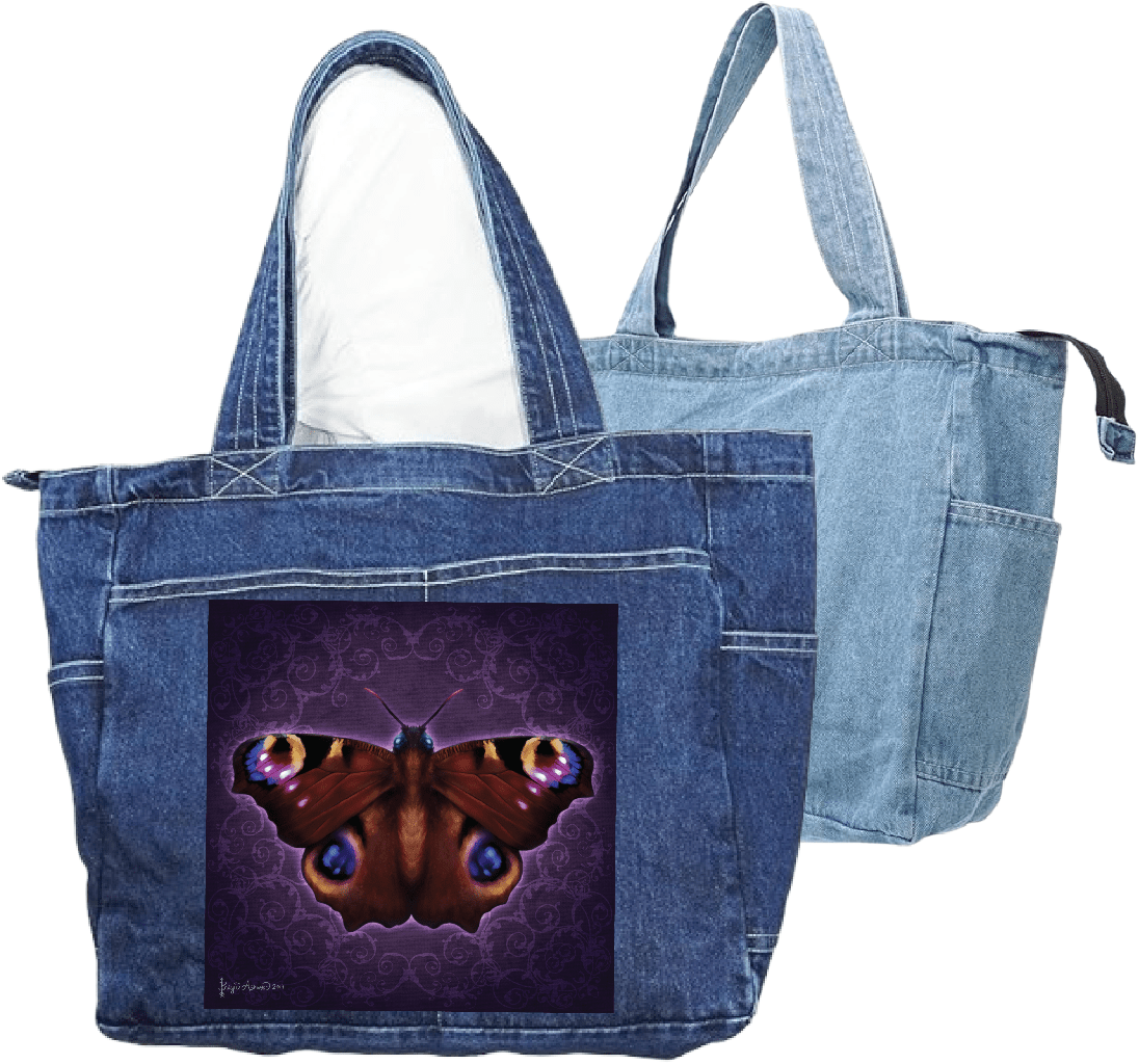 front view of a classic blue denim tote bag and back view of a stonewashed denim tote bag featuring the artwork “Damask Butterfly” by Brigid Ashwood, printed large and centered on the front panel. the artwork shows a richly detailed butterfly with outstretched wings in deep rust, burgundy, and plum tones, set against a dark violet damask-patterned background, with luminous blue and gold eye spots and subtle magenta highlights, surrounded by a soft violet glow. the artwork contrasts vividly against the textu