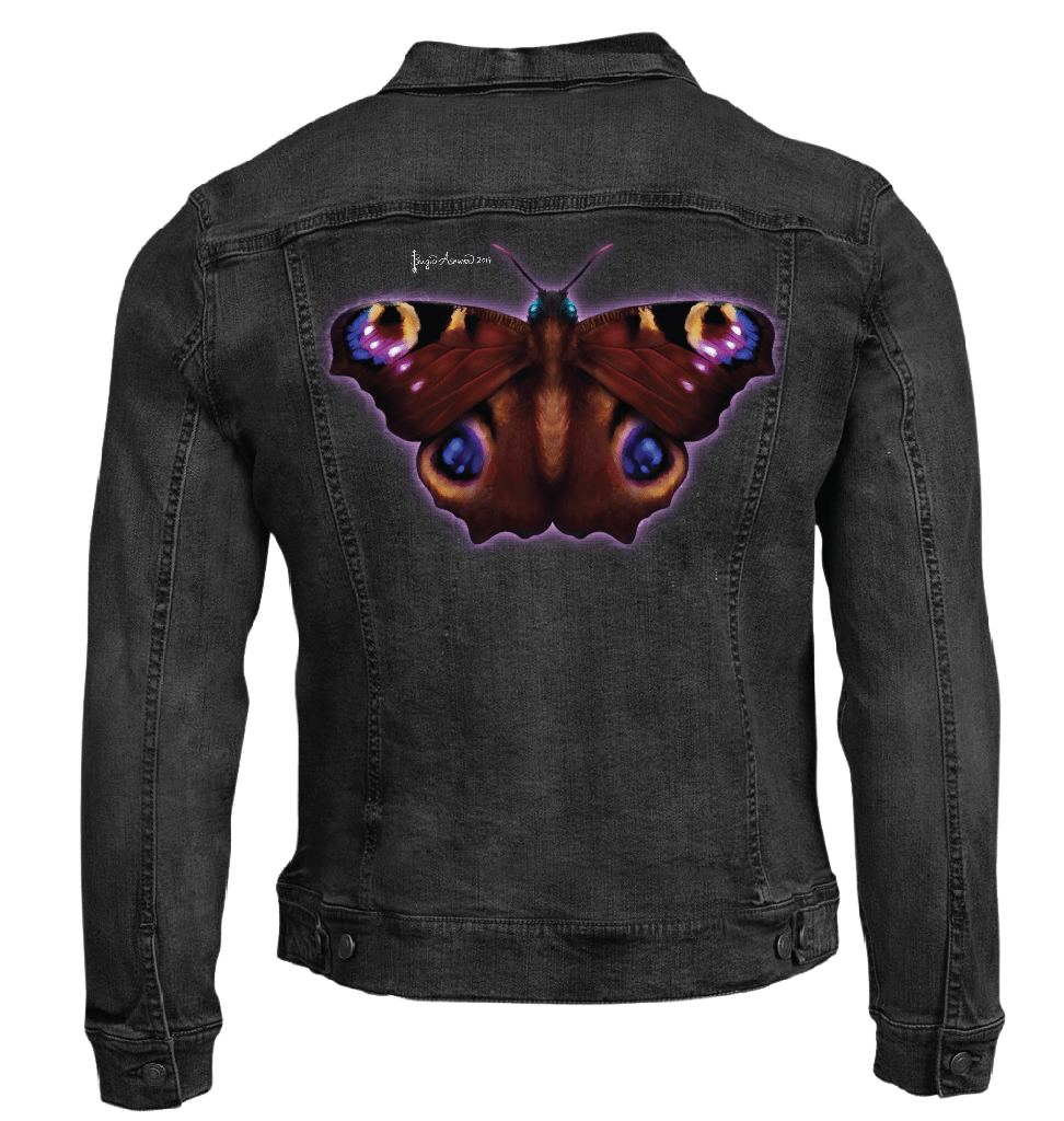 back view of a black denim jacket featuring the artwork “Damask Butterfly” by Brigid Ashwood, printed smaller and centered high on the upper back panel just below the collar seam. the luminous butterfly spreads its wings in rich rust, plum, and deep violet tones, with glowing blue and gold eye spots and a soft violet halo outlining the silhouette. the dark, jewel-toned artwork contrasts subtly against the black denim, creating a refined, gothic focal point. digitally printed by DenimINK.
