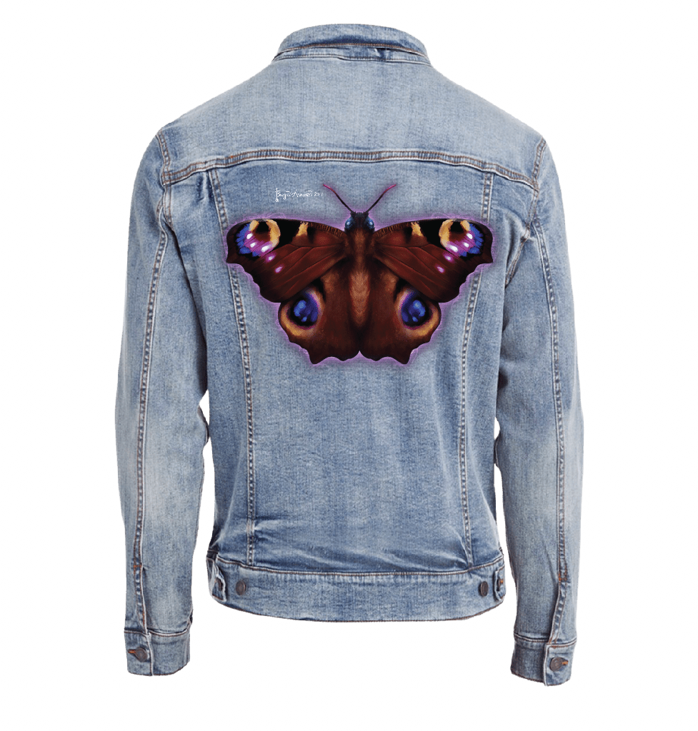 back view of a stonewash blue denim jacket featuring the artwork “Damask Butterfly” by Brigid Ashwood, printed centered high on the upper back just below the shoulder seam. the butterfly spreads wide wings in layered rust, aubergine, and deep plum tones, with luminous blue and gold eye spots and a soft violet glow outlining the form. the richly colored artwork stands out vividly against the pale, faded denim. digitally printed by DenimINK.