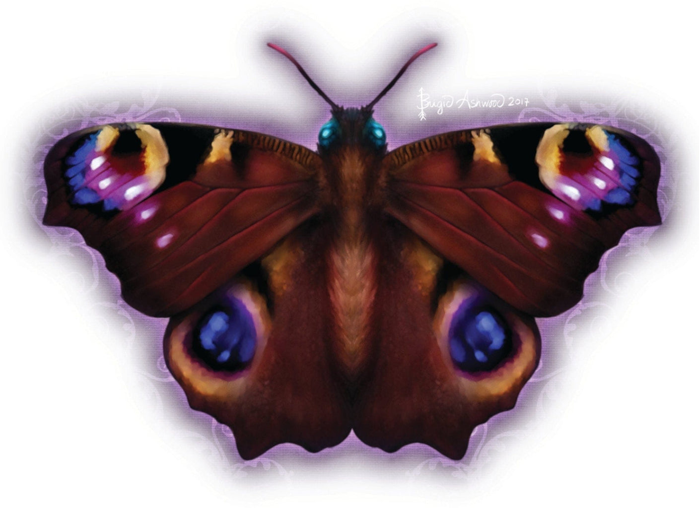 illustration of a richly colored symmetrical dark butterfly with wide outstretched wings rendered in deep burgundy, chocolate brown, and smoky violet tones. large iridescent blue and purple eyespots sit near the lower wings, with smaller multicolored markings near the upper edges. a soft lavender glow surrounds the wings against a white background, and the butterfly’s body is centered with fine antennae extending upward. this artwork is titled “Ashwood Damask Butterfly” and created by Brigid Ashwood