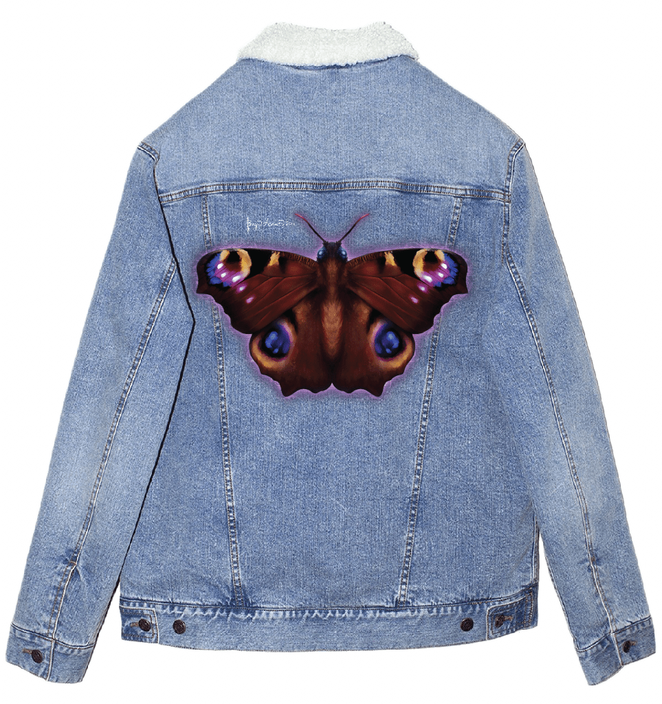 back view of a stonewash blue denim jacket with an off-white sherpa-style liner, featuring the artwork “Damask Butterfly” by Brigid Ashwood printed centered on the back panel. the butterfly displays expansive wings in deep rust, plum, and aubergine tones, with vivid blue and gold eye spots and subtle magenta highlights. a soft violet glow outlines the butterfly, creating bold contrast against the faded denim. digitally printed by DenimINK.