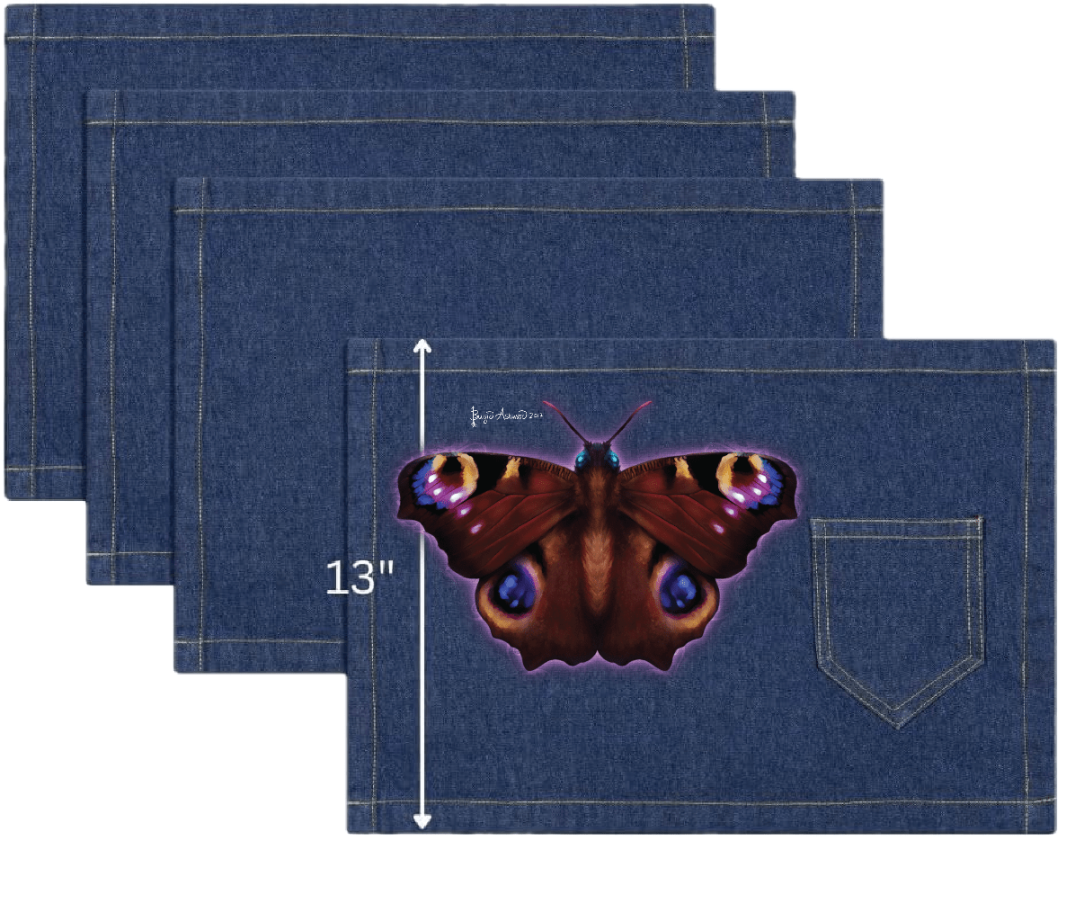 here's a sample to use for the placemats: top view of four classic blue denim table placemats featuring the artwork “Damask Butterfly” by Brigid Ashwood, printed centered on the surface. the butterfly spreads symmetrical wings in deep rust, burgundy, and plum tones, with vivid blue and gold eye spots and subtle magenta highlights, surrounded by a soft violet glow. visible white measurement text and arrow indicate a height of 13 inches on the placemat. Placemat includes a stitched pocket. one inch stitched s