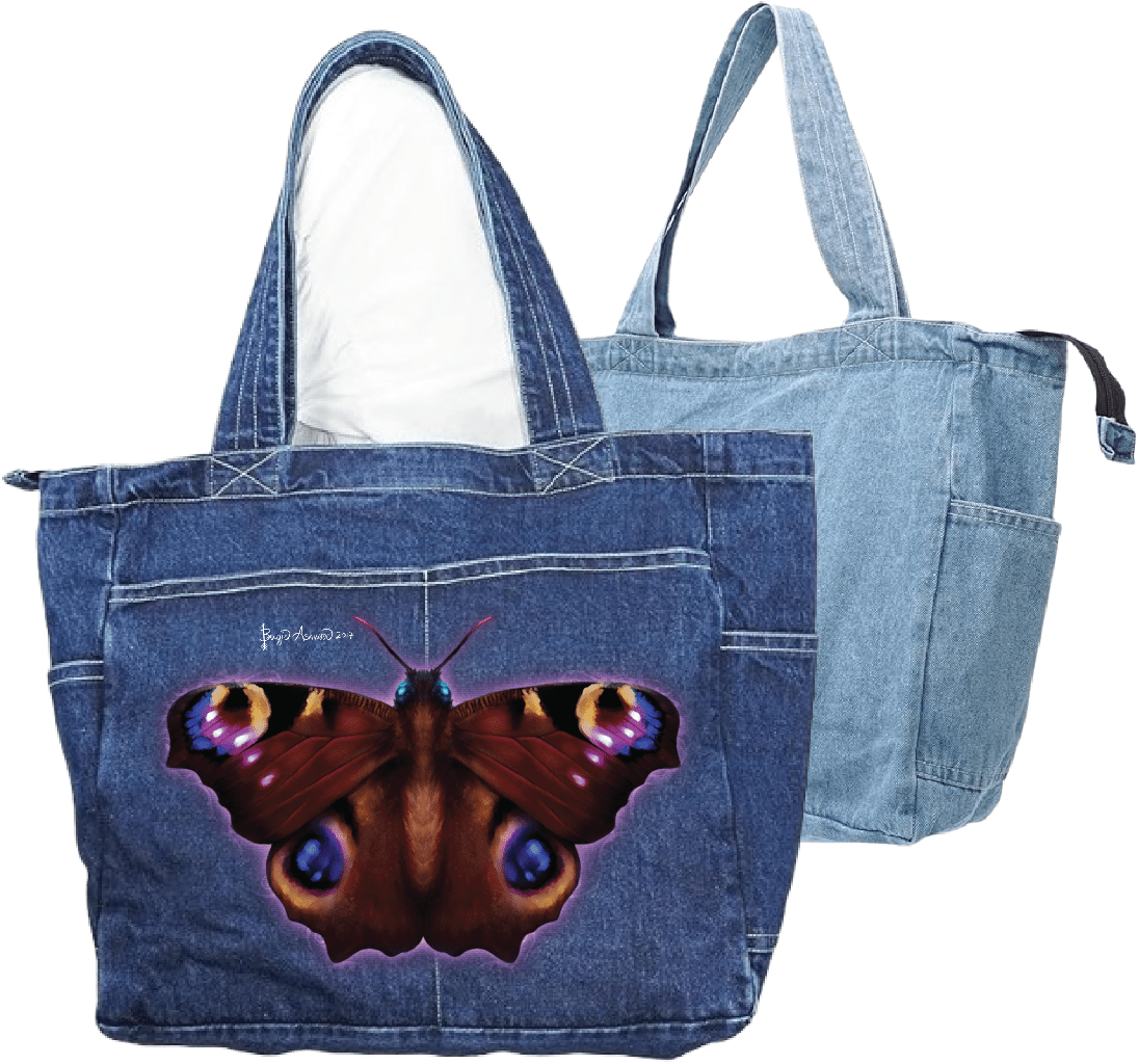 front view of classic blue denim tote bag and the back view of a stonewashed denim tote bag featuring the artwork “Damask Butterfly” by Brigid Ashwood, printed large and centered on the front panel. the butterfly spreads wide wings in rich rust, burgundy, and deep plum tones, with luminous blue and gold eye spots and subtle magenta highlights, surrounded by a soft violet glow. artwork contrasts vividly against the textured blue denim. The zippered tote bag features pockets .digitally printed by DenimINK.