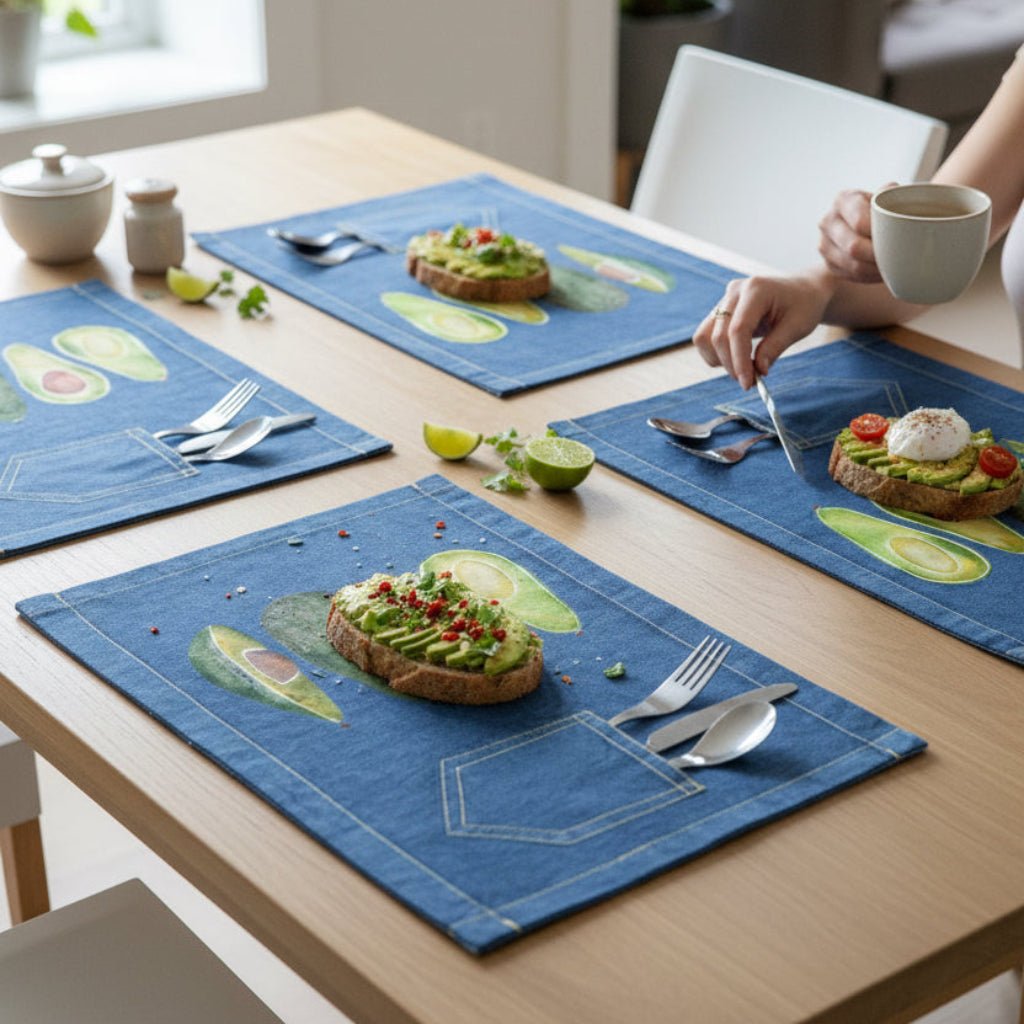 Dining table with blue placemats, avocado toast, and cutlery in a home setting.  avocado-by-CatCoq-table-placemat-lifestyle-shot
