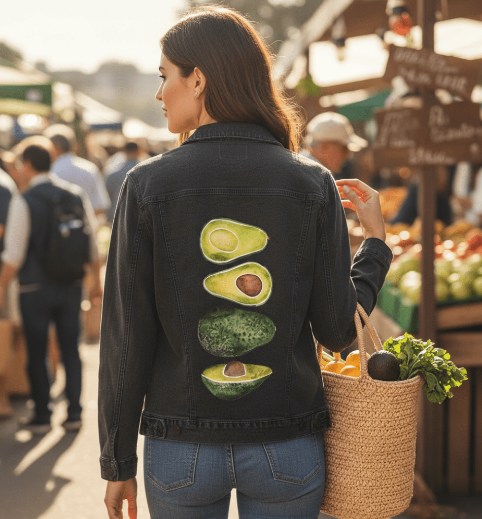 three-quarter rear view of a model browsing a bustling outdoor farmers market during golden hour, wearing a black denim jacket featuring the artwork “Avocado Slices” by CatCoq. the avocado design appears vertically on the back panel in green and brown watercolor. the model carries a woven straw produce bag filled with leafy greens, oranges, and a ripe avocado. blurred shoppers and colorful produce stands fill the background, bathed in warm late-afternoon sunlight.