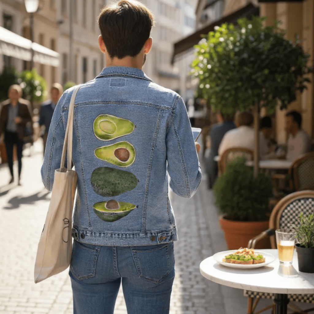 full rear view of a model walking through a narrow European-style cobblestone street lined with cafés and outdoor tables. the model wears a stonewashed denim jacket printed with “Avocado Slices” by CatCoq, showing the four-piece vertical avocado artwork on the jacket’s back. they carry a canvas tote bag and hold a smartphone in one hand. a small round café table in the foreground holds avocado toast and an iced drink, and passersby are visible in the mid-morning sunlight.