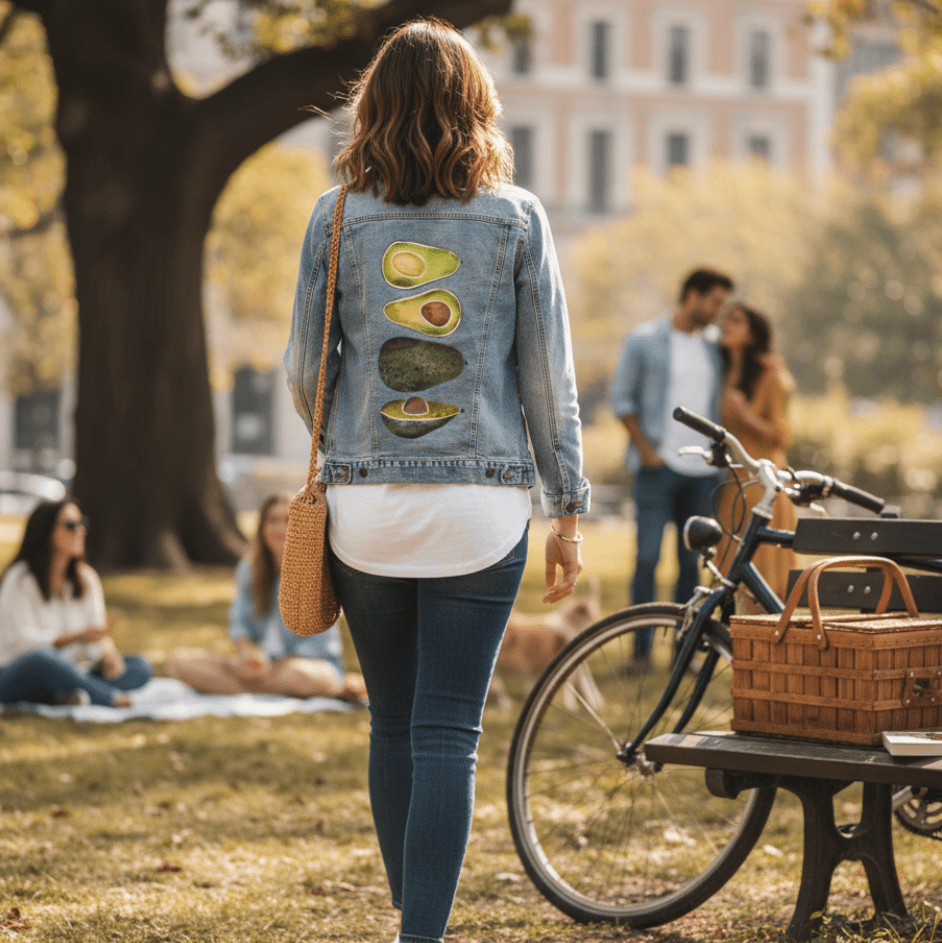 rear view of a model standing on sunlit grass in a city park, wearing a light stonewashed denim jacket featuring the “Avocado Slices” artwork by CatCoq. the vertical print of green and brown avocado forms appears centered on the back panel. the model wears jeans, a white shirt, and carries a woven shoulder bag. in the background, a group sits on a picnic blanket, a bicycle leans against a bench, and two individuals chat under a large tree. golden afternoon light filters through leaves, suggesting a relaxed 