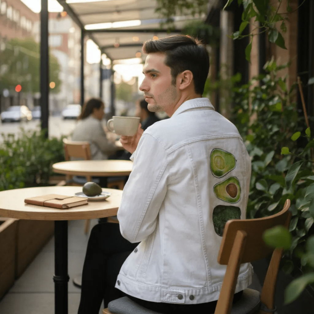 back view of a model with short hair seated outdoors at a small café table, wearing a white denim jacket featuring the artwork “Avocado Slices” by CatCoq. the back panel shows four avocado forms in bright watercolor stacked vertically. the model faces a busy city sidewalk while holding a smartphone. on the table sit a leather-bound notebook, a whole avocado on a small dish, and a cappuccino. leafy plants frame the foreground, creating a lush, vibrant setting.