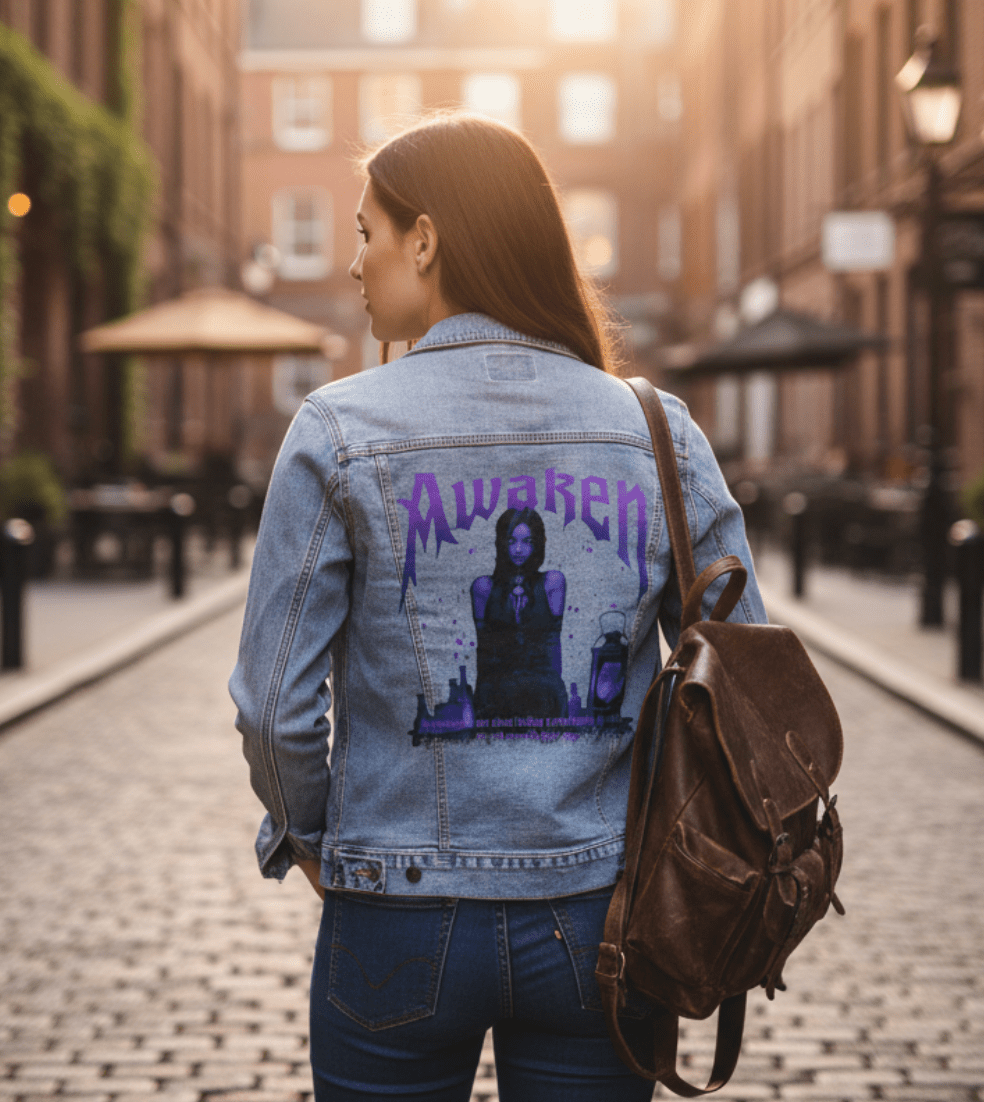 AWAKEN by DeROUCHE DESIGNS, printed on denim jackets and other denim products: tote bags, throw pillows, table place mats, aprons